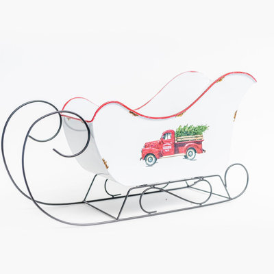 Décoration de traîneau en métal blanc avec camionnette rouge et arbre