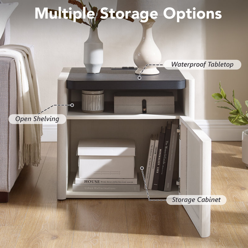 23'' Nightstand with Charging Station, Bedside Table with Storage and Open Shelves, White