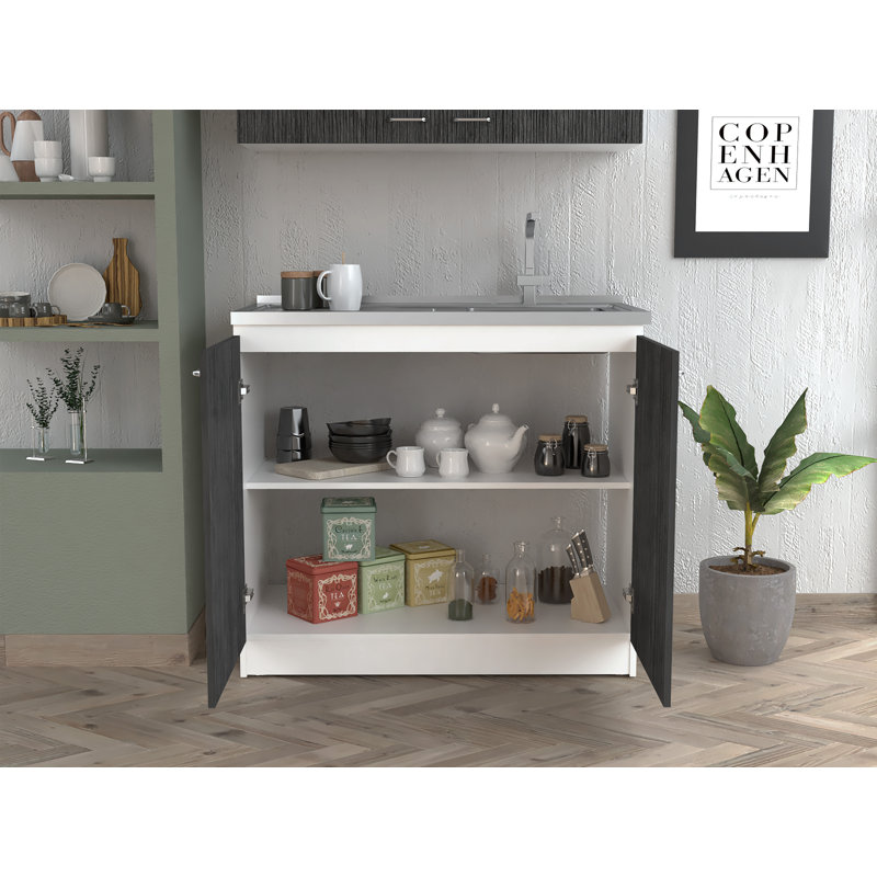TUHOME Napoles Utility Sink Cabinet With Integrated Sink, White/Smoky Oak