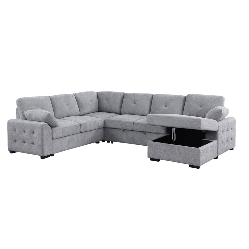 Upholstered Corner Sectional With Pull Out Loveseat And Storaged Chaise, Light Gray Chenille