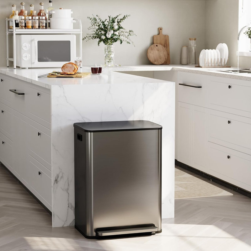 Stainless Steel 16 Litre Step On Kitchen Trash Can , Black