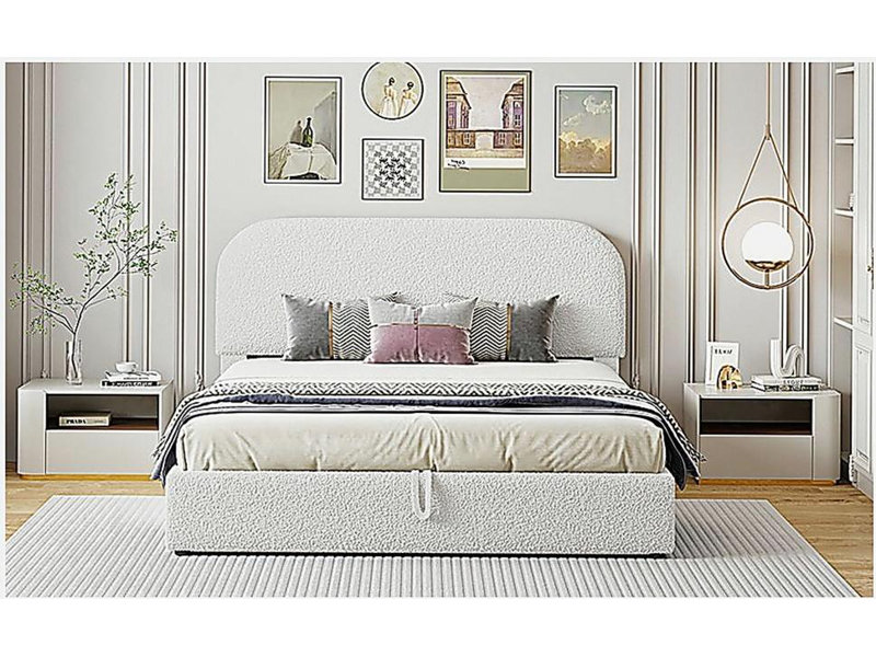 Lit plateforme en velours avec système de rangement hydraulique Teddy, Grand lit, Blanc