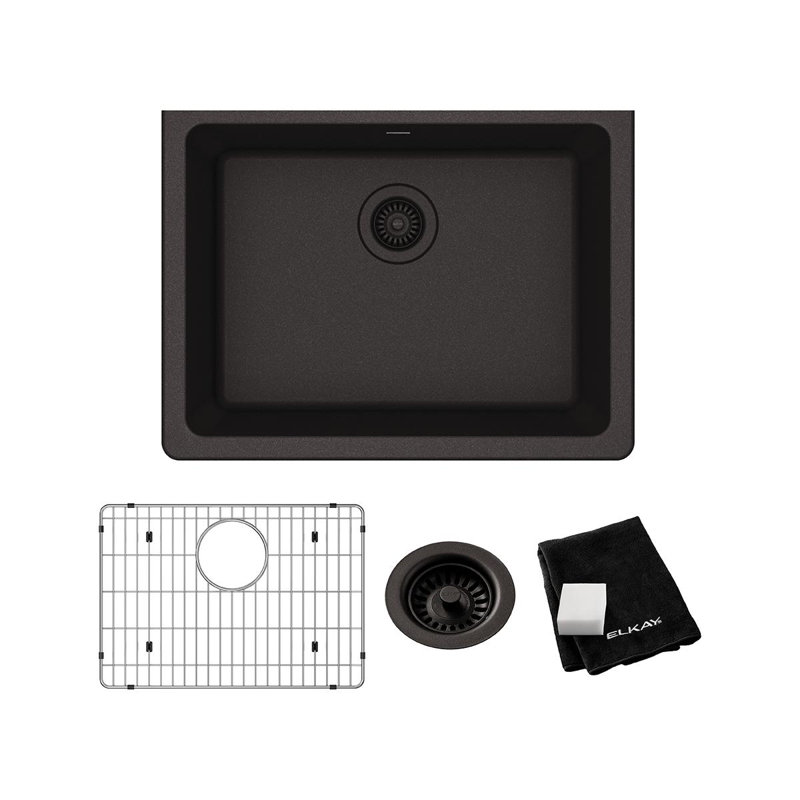 Quartz 24-5/8" x 18-1/2" x 9-1/2" Undermount Kitchen Sink with Basket Strainer, Black