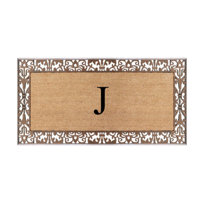 Dyari Natural Coir & Rubber Paisley Border Monogram Non-Slip Door Mat, 30"x60", Bronze, Heavy-Duty Low-Profile Outdoor Front Porch