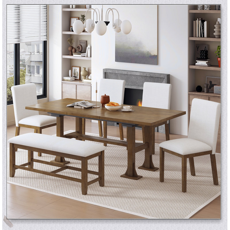 Farmhouse 6-Piece Extendable Dining Set with Solid Wood Trestle Table, Removable Leaf, Upholstered Chairs, and Bench for Versatile Seating