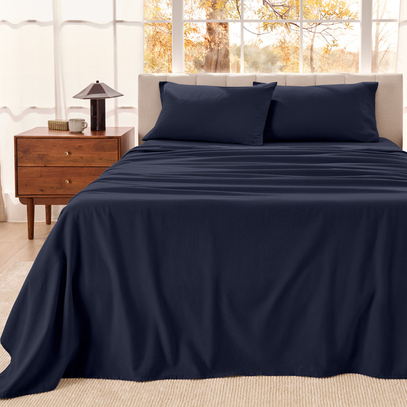Organic 100% Cotton Flannel Sheet Set, Midnight Blue, California King Sheet Set with 2 Pillowcases