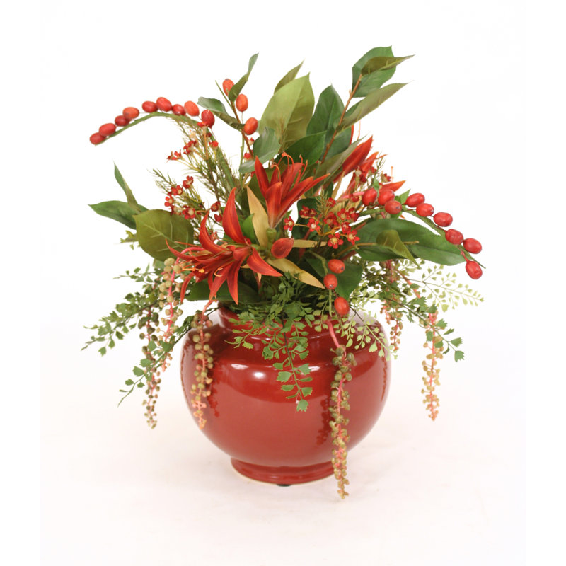 Mixed Berries And Flowers In Rust Red Ceramic Planter
