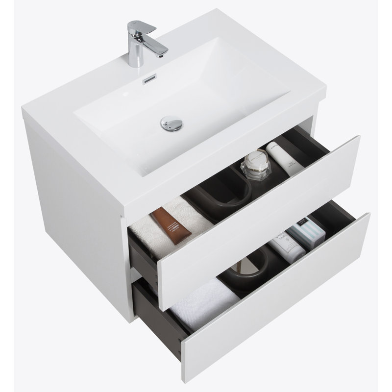 Meuble-lavabo flottant 30 po avec lavabo, rangement mural moderne pour salle de bain, Blanc / Blanc, Blanc / Blanc