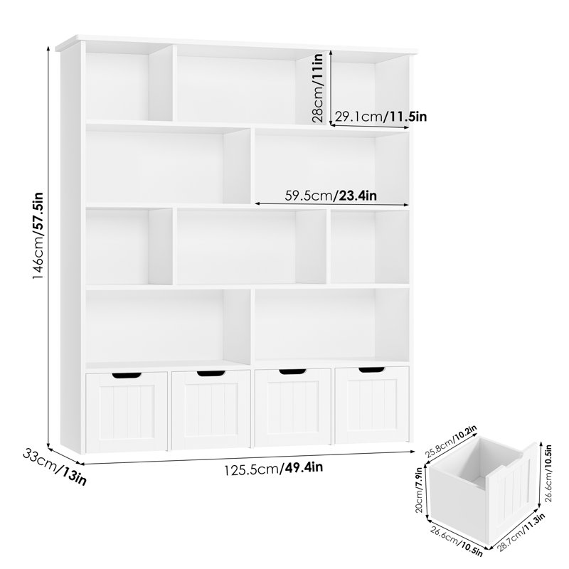 57.5"H 5-Tier Cube Storage Bookcase, Standard Bookcase with 4 Removable Drawers, White