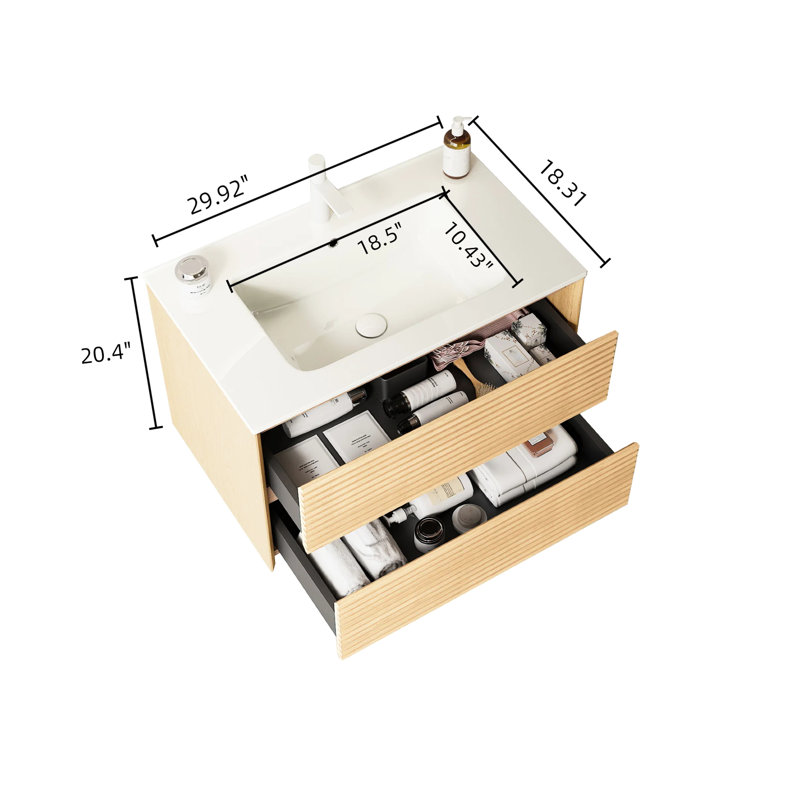 Meuble-lavabo de salle de bain de 76 cm (30 po), contreplaqué, lavabo en céramique blanche, chêne, tiroirs de rangement, meuble-lavabo préassemblé avec meuble en contreplaqué de 76 cm (30 po), Hike
