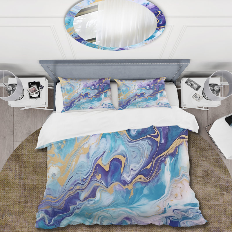 Ensemble de housse de couette turquoise et mauve liquide Art V - Fractals, Housse de couette pour grand lit et 2 taies décor