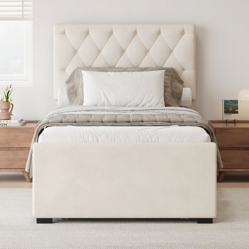 Lit plateforme tapissier simple en velours avec lit gigogne et tête de lit capitonnée réglable, Beige