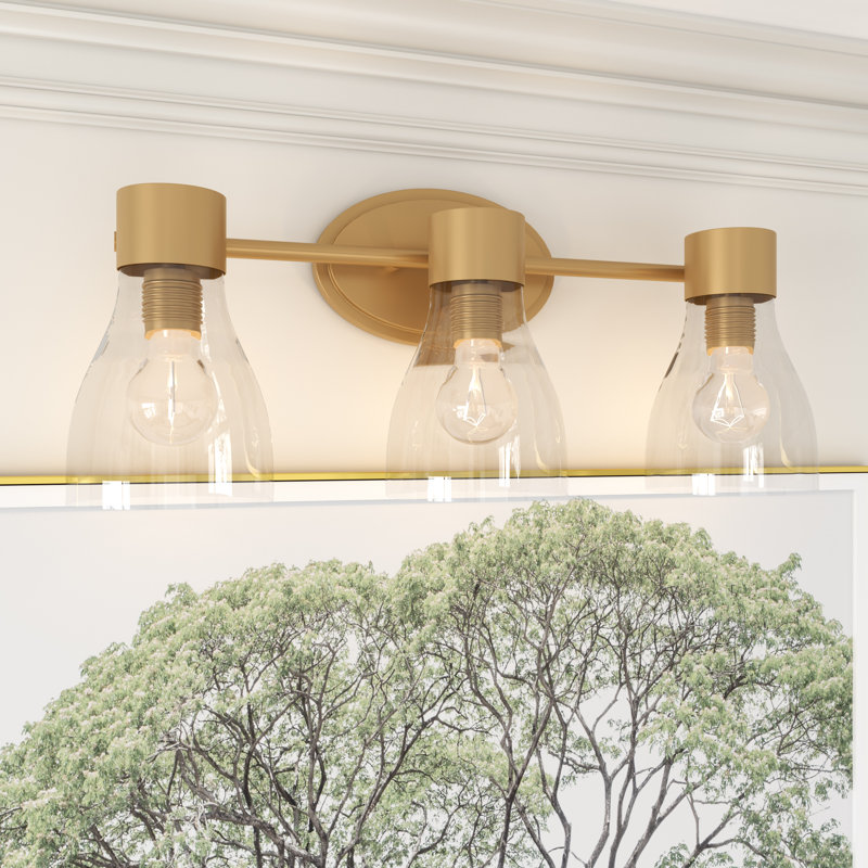 Éclairage pour salle de bain 3 lumières en laiton brossé avec abat-jour en verre transparent Jessa, Laiton brossé, 3