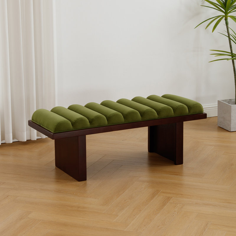 Upholstered Solid Wood Bench, Column Upholstered Bench 45.75'' Wide, Green, Dark Brown