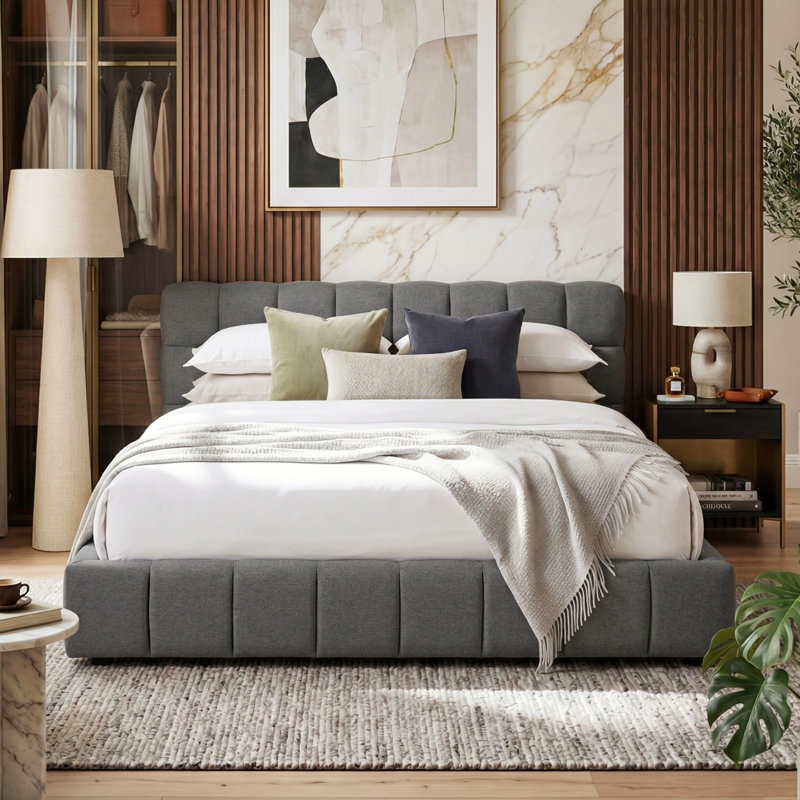 Multi-Sizes EU & UK Upholstered Bed, Modern Cloud Low-Height Bed Frame with Padded Flange Edge & Embedded Design, Beige/Grey Linen
