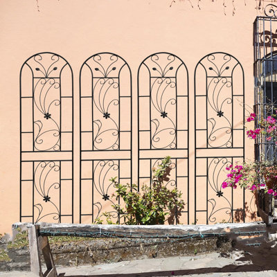 Ensemble de 4 treillis de jardin en métal 86,7 po x 19,7 po - Support de plante grimpante antirouille pour fleurs d'extérieur, vignes, patio, cour, style paon, noir