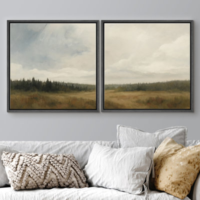 "Misty Forest Meadow Horizon Landscape", ensemble de 2 reproductions d'art encadrées