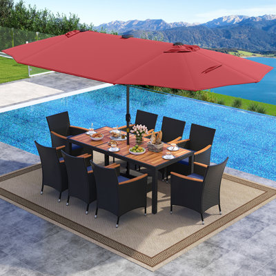 11 PCS Patio Dining Set w/ 15ft Double-Sided Patio Umbrella (Base Included) Wine