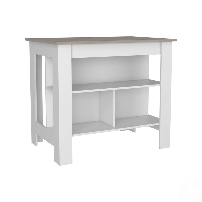 Îlot de cuisine, table de cuisine H 35 po, trois tablettes de rangement ouvertes, quatre pieds, Blanc / Gris