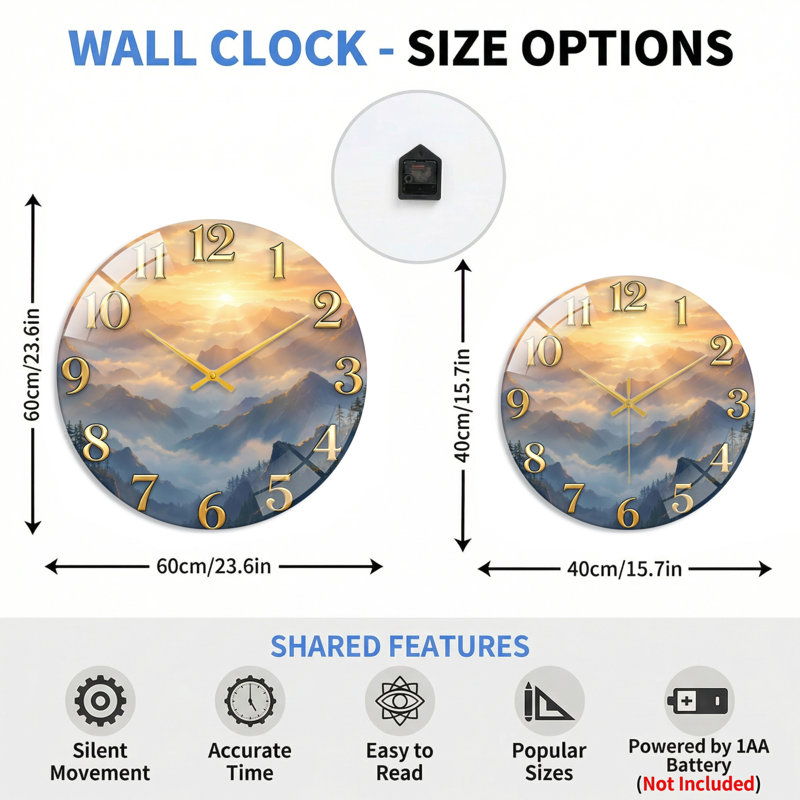 Horloge murale en verre Mountain, 60 x 60 cm (23,6 x 23,6 pouces)