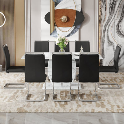 Table And Chair Set.Modern Simple Marble Pattern Dining Set - 71"X35.4" Table With 8 Black PU Chairs.White Marble Pattern Sticker,Tempered Glass Tabletop,Featuring Arched Silver Metal Chair Legs.