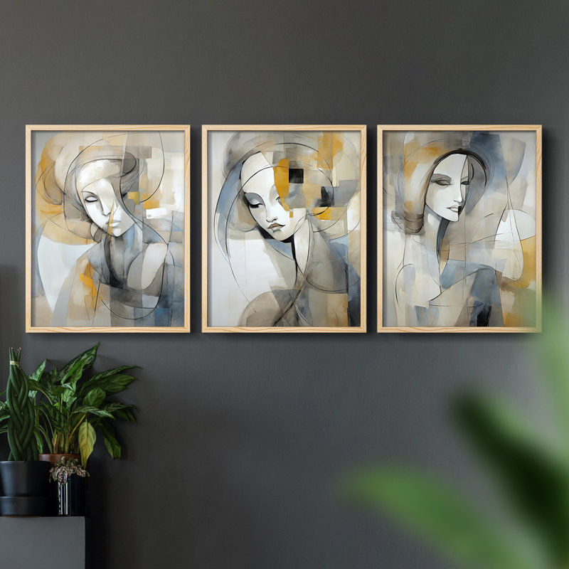 Série féminine XXIX - Ensemble de 3 estampes numériques encadrées - Prêt à être accroché, Natural Framed, H 20 po x l 16 po