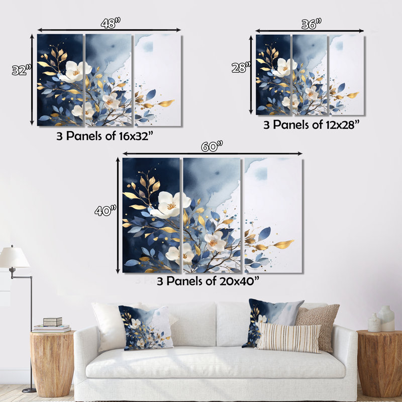 Ensemble de 3 pièces d'art floral lilas bleu blanc sur toile - fleurs de lilas, H 28 po x l 36 po x P 1 po, Metal