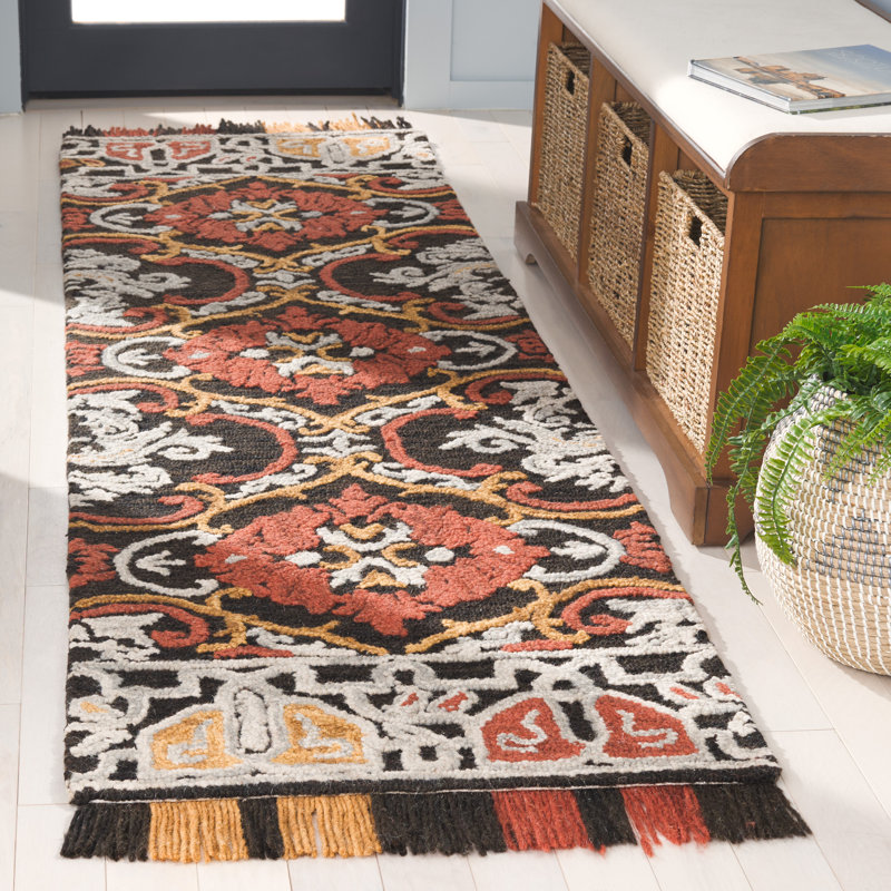 Blossom Tufted Wool/Cotton Performance Oriental Rug in Red/Charcoal, Runner 2'3" x 8'