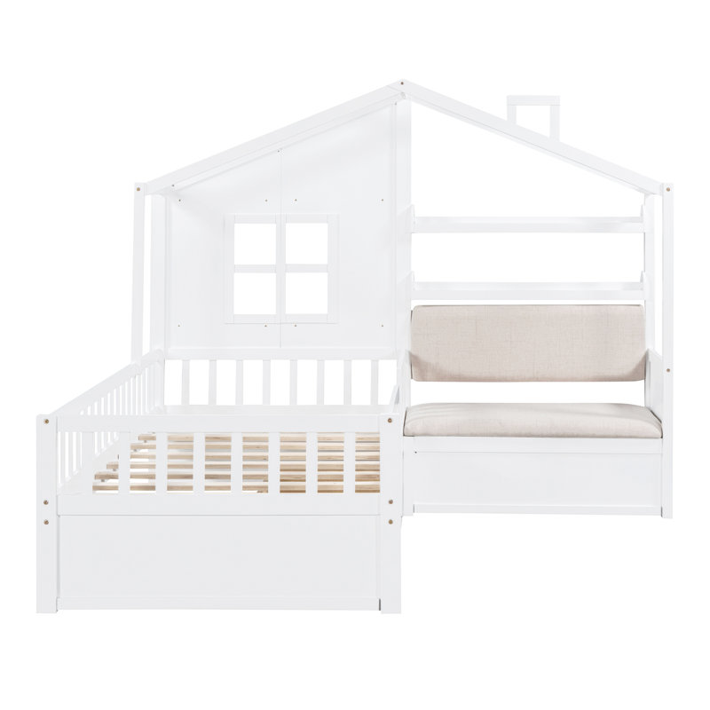 Lit simple avec canapé, lit plateforme pour enfants avec deux tiroirs et tablette de rangement