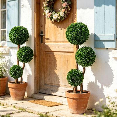 43" Faux Boxwood Topiary Tree, 3 Ball Artificial Topiary Plant with Cement Pot, UV Resistant Fake Greenery for Indoor Outdoor Home Office Front Porch Living Room Decor, Housewarming Gift