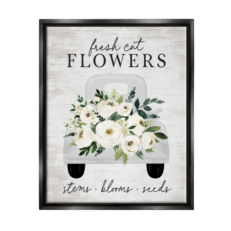 Fleurs fraîches coupées, œillets blancs, roses et camions par lettré et doublé - reproduction sur toile