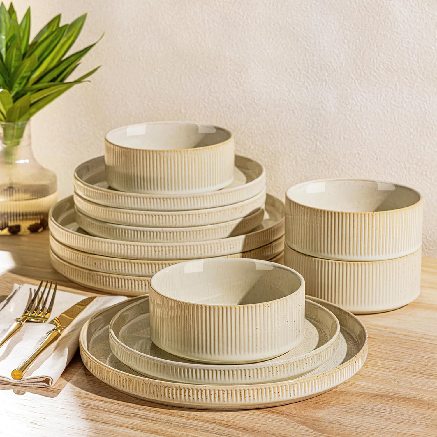 Stackable Dinnerware Sphere Latitude Run® 12-Piece Handcrafted Double Reactive Glaze Stoneware ...