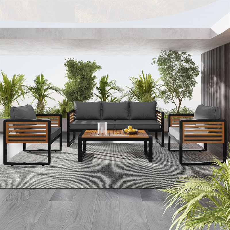 Outdoor Sofa Set For 5 With Removable Cushions And Sturdy Metal-Wood Frame, Gray