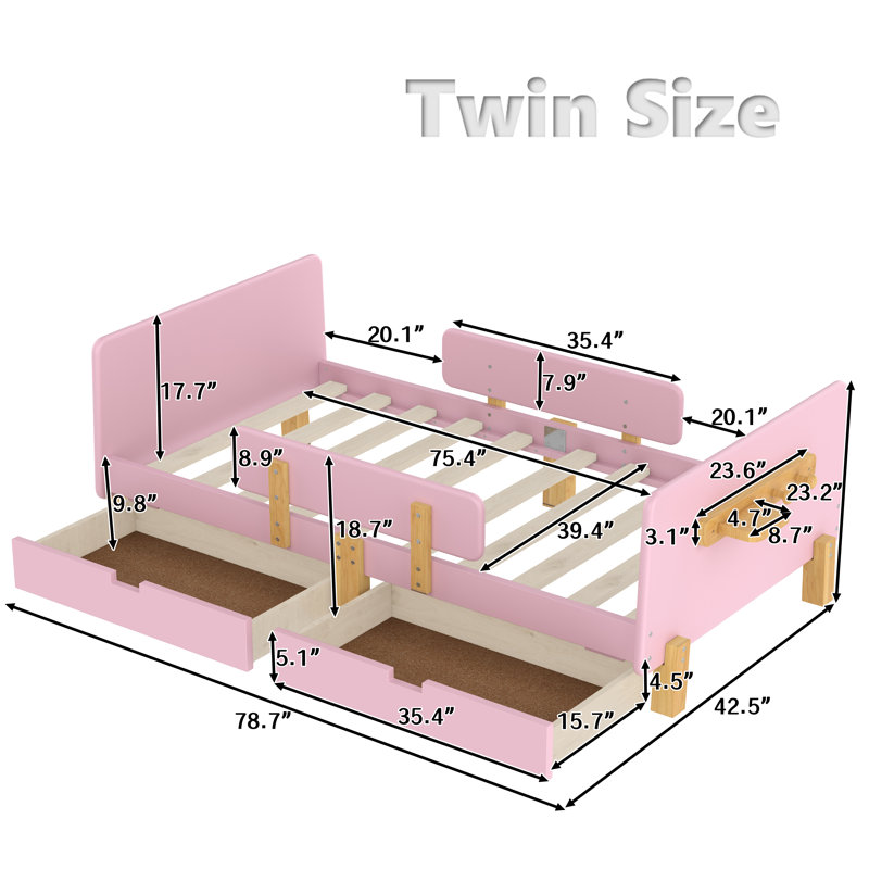Kids Daybed Frame with Storage Drawers and Safety Guardrails,  Wood Daybed with Headboard and Hook Organizer, Pink, Twin