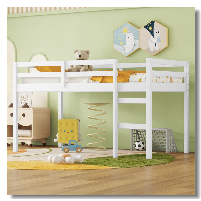Lit mezzanine simple en bois massif et en bois d'hévéa avec échelle, plateforme de lattes renforcées, Blanc