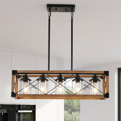 32'' 5-Light Rustic Walnut Wood Chandelier Farmhouse Kitchen Island Pendant Light with Glass Shades