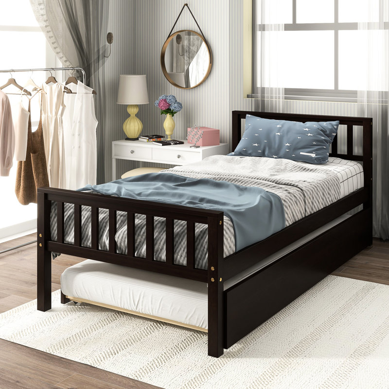 Twin Bed With Trundle, Platform Frame Headboard And , No Box Spring Needed For Compact Bedrooms, Pull - Out Trundle Extra Option, Space Saving Design, Pine, Quick Setup Perfect Small Living Areas,