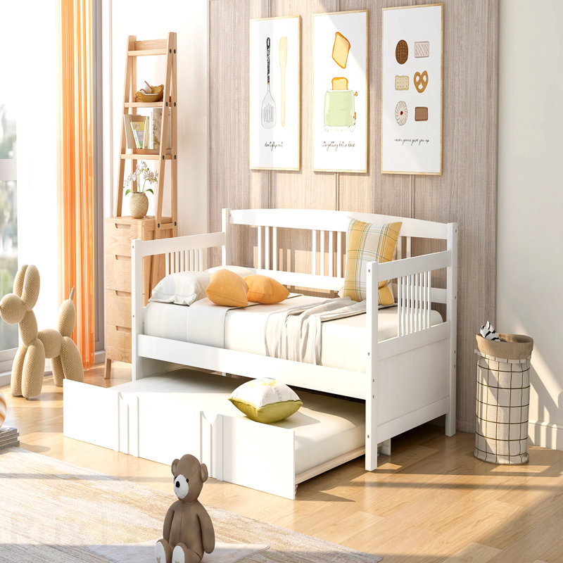 Lit de jour simple en bois avec lit gigogne simple, blanc, Twin, White