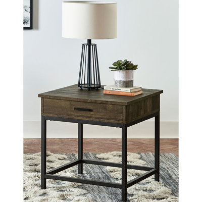 Brown Oak Square End Table With Stable Metal Frame And Drawer Space Stylish Industrial Base