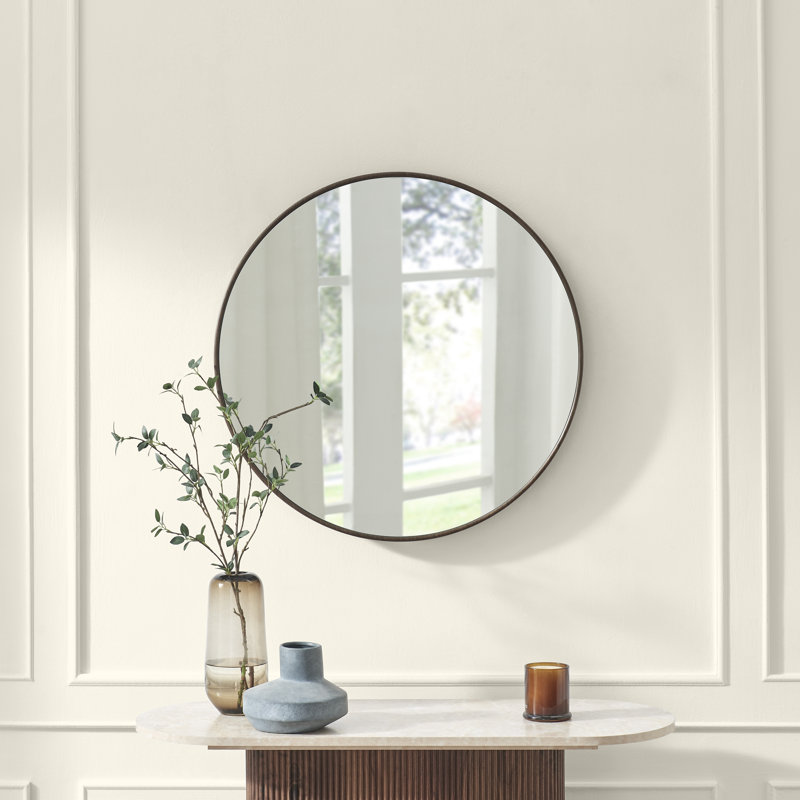 Struan Wooden Circular Bedroom Hallway Mirror - Scandi Elegant Style, Walnut