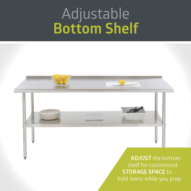 Stainless Steel Kitchen Prep/Work Table, with Adjustable Under Shelf and Backsplash, 60X24, 36" H x 72" W x 30" D