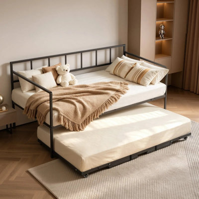 Lit de jour simple avec couchette escamotable en métal pour lit de jour escamotable, pour le salon, chambre d'amis, peu encombrant, support de canapé-lit en métal robuste, roulettes verrouillables, assemblage facile, noir