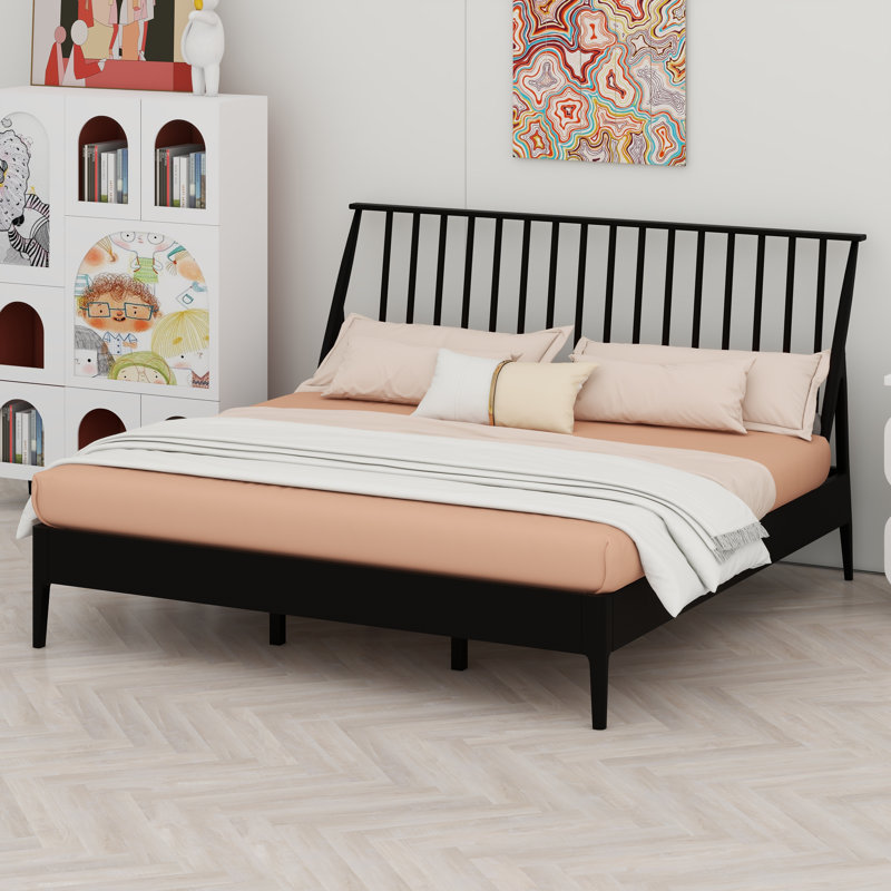 Bamboo Wood Spindle Platform King Bed, Black