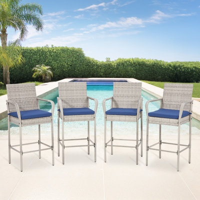 Outdoor Patio Wicker Bar Stools Set Of 4, Pe Wicker Rattan Bar Stools With Removable Cushions, Ergonomic Armrests & Backrest, All-weather Outdoor Bar by EROMMY