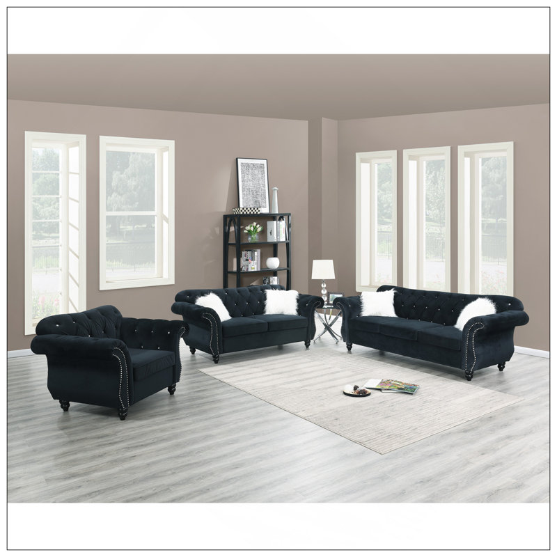 Ensemble de canapé en velours noir 3 pièces Mobilier de salon