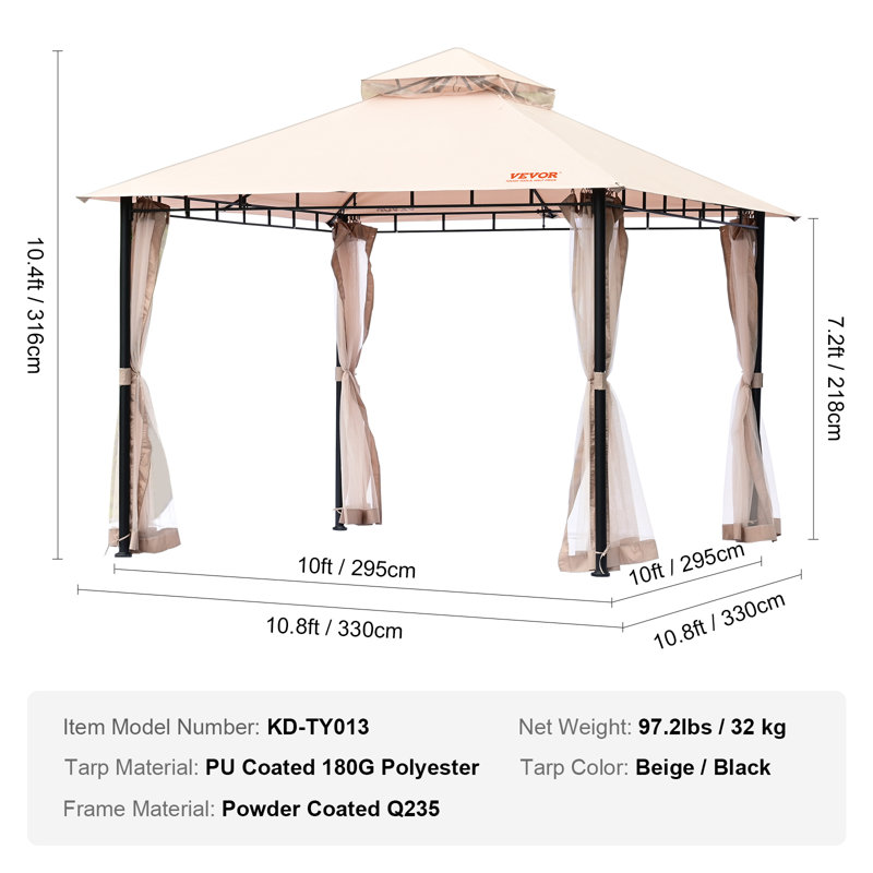 Beige Polyester 10x10 ft Patio Gazebo with Mosquito Net and Metal Frame