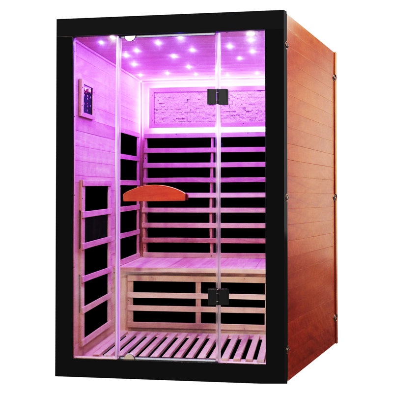 Cabine de sauna à infrarouge lointain pour deux personnes avec finition chêne blanc américain avec haut-parleurs Bluetooth
