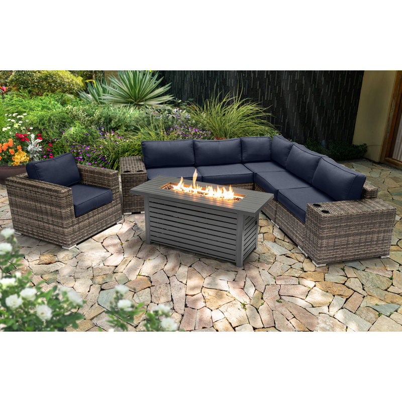 Ensemble de conversation pour 5 personnes avec foyer et coussins Sunbrella Lsi, Bleu marine Sunbrella