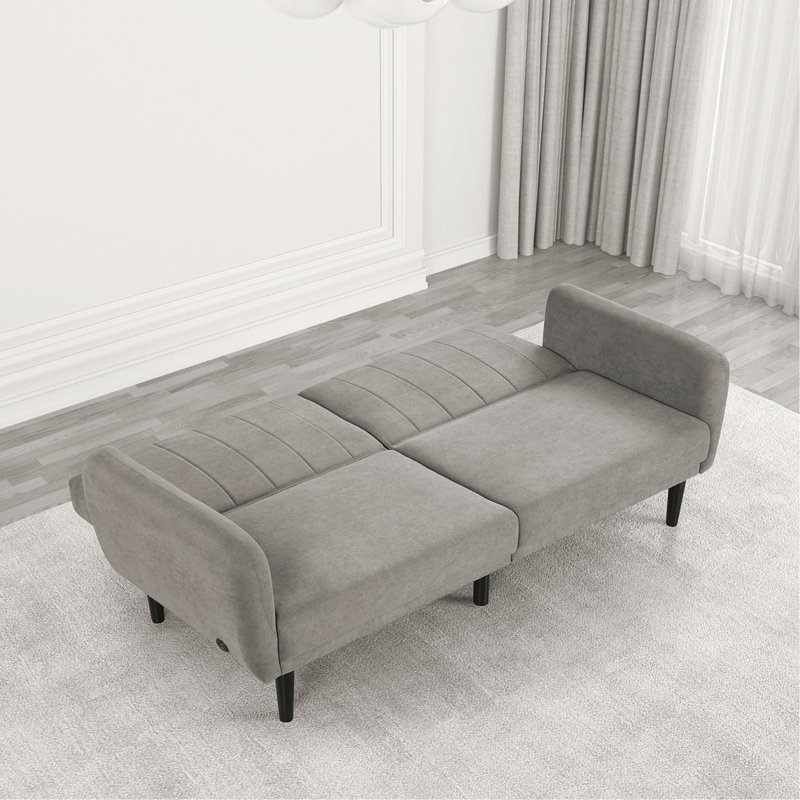 Contemporary Converts To Bed Gray 1Pc Futon Sofa Channeled Tufted Back Soft Track Arm Couch W USB, Gray