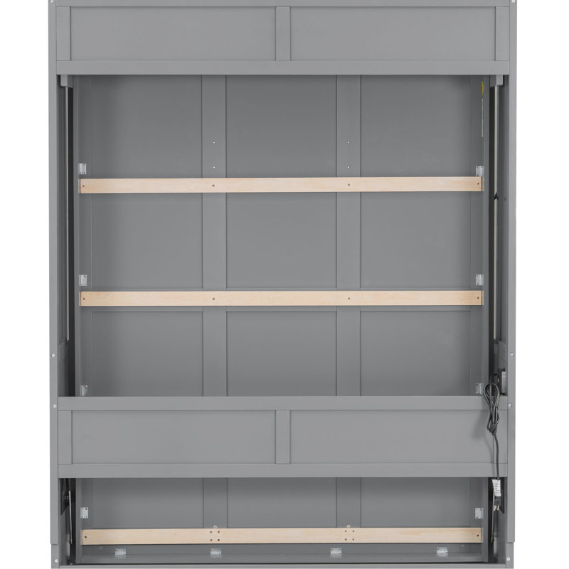 Grand lit avec bureau, lumières à DEL, station de charge - gris, mur peu encombrant pour les petites pièces, design moderne et contreplaqué, éclairage intégré gris facile à assembler, ports, bureau à domicile idéal ou invité